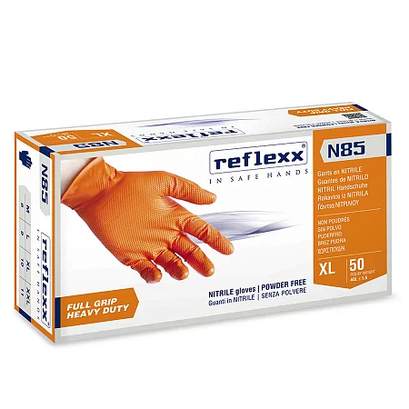 Сверхпрочные резиновые перчатки, нитриловые, оранж, Reflexx . 8,4 гр. Толщина 0,15-0,2 мм.